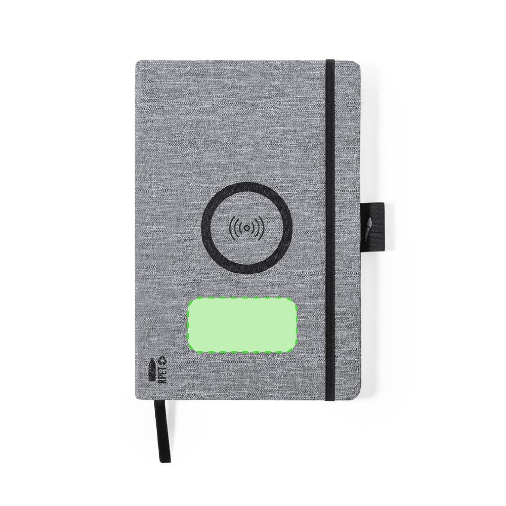 Branding diagram for Notebook with wireless charging station from RPET, 10 W Bein – On the cover lower area