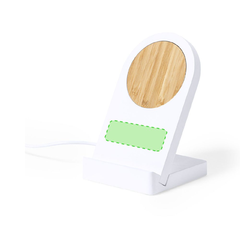 Branding diagram for Magnetic cellular stands with a bamboo wireless charging station Noopy – Front