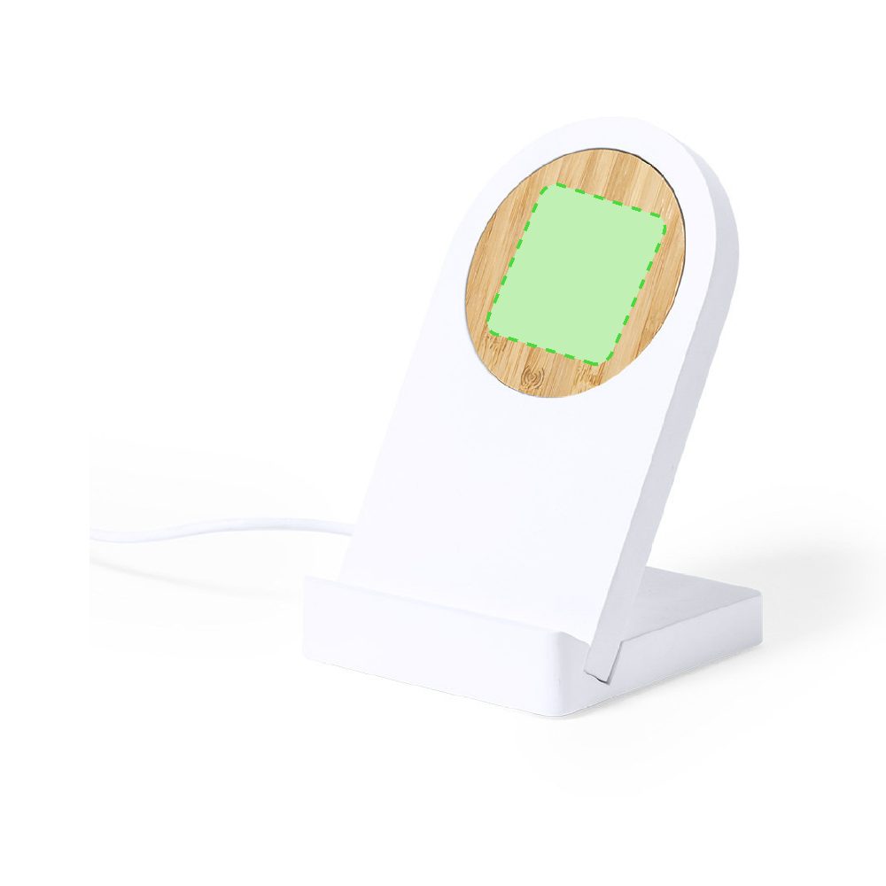 Branding diagram for Magnetic cellular stands with a bamboo wireless charging station Noopy – Focuses on the circle