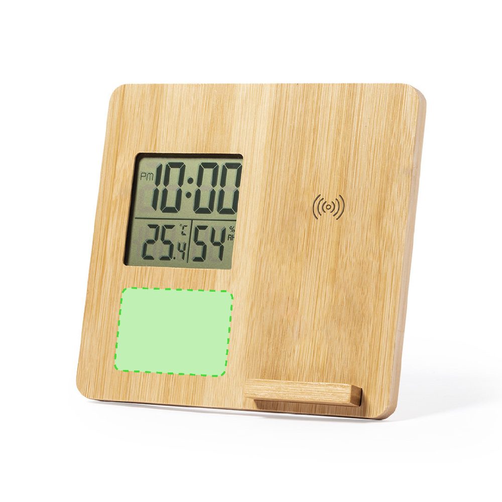 Branding diagram for Weather station with bamboo wireless charging station, 10 W Fiory – Below the screen