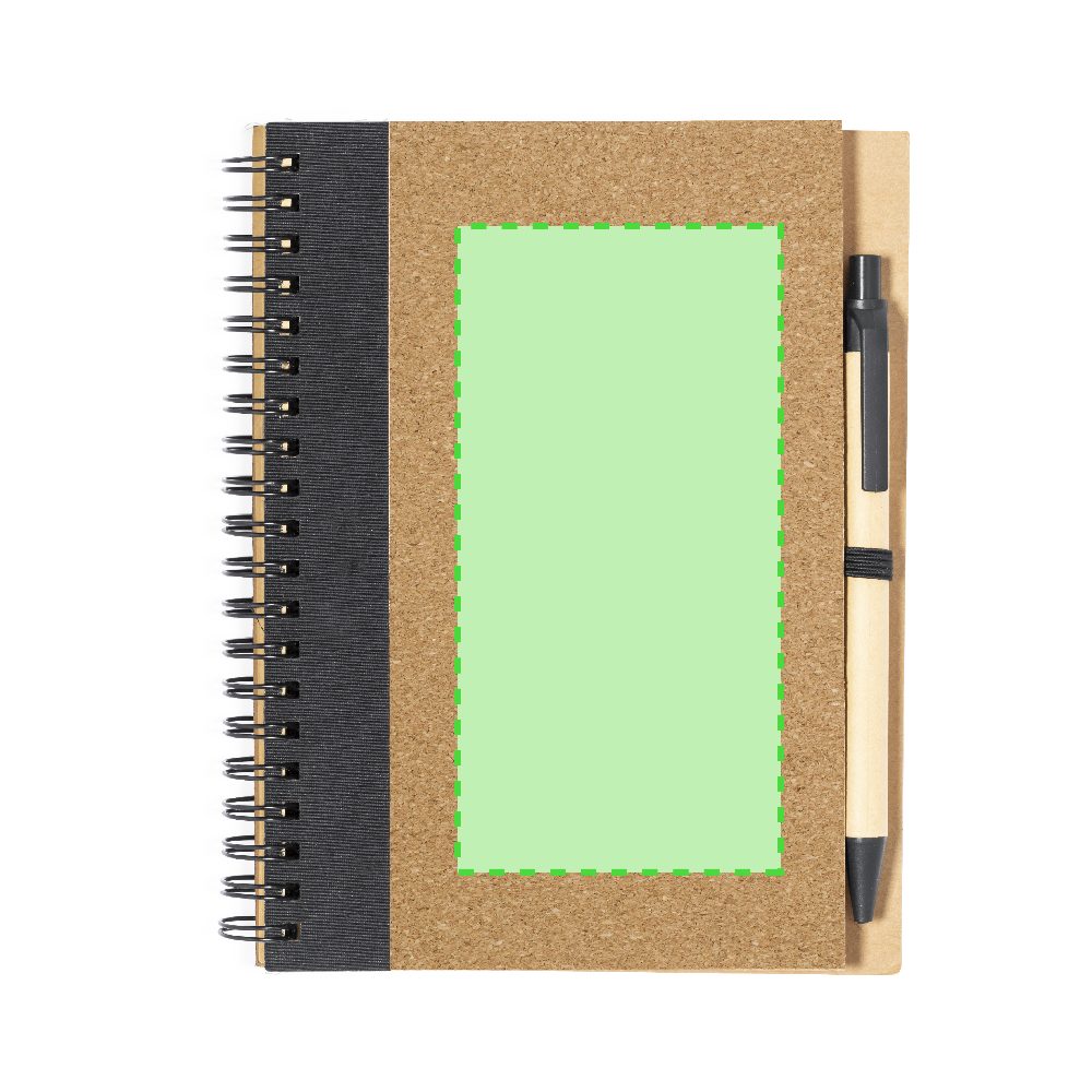 Branding diagram for Cork spiral notebook Gienah – Area 1