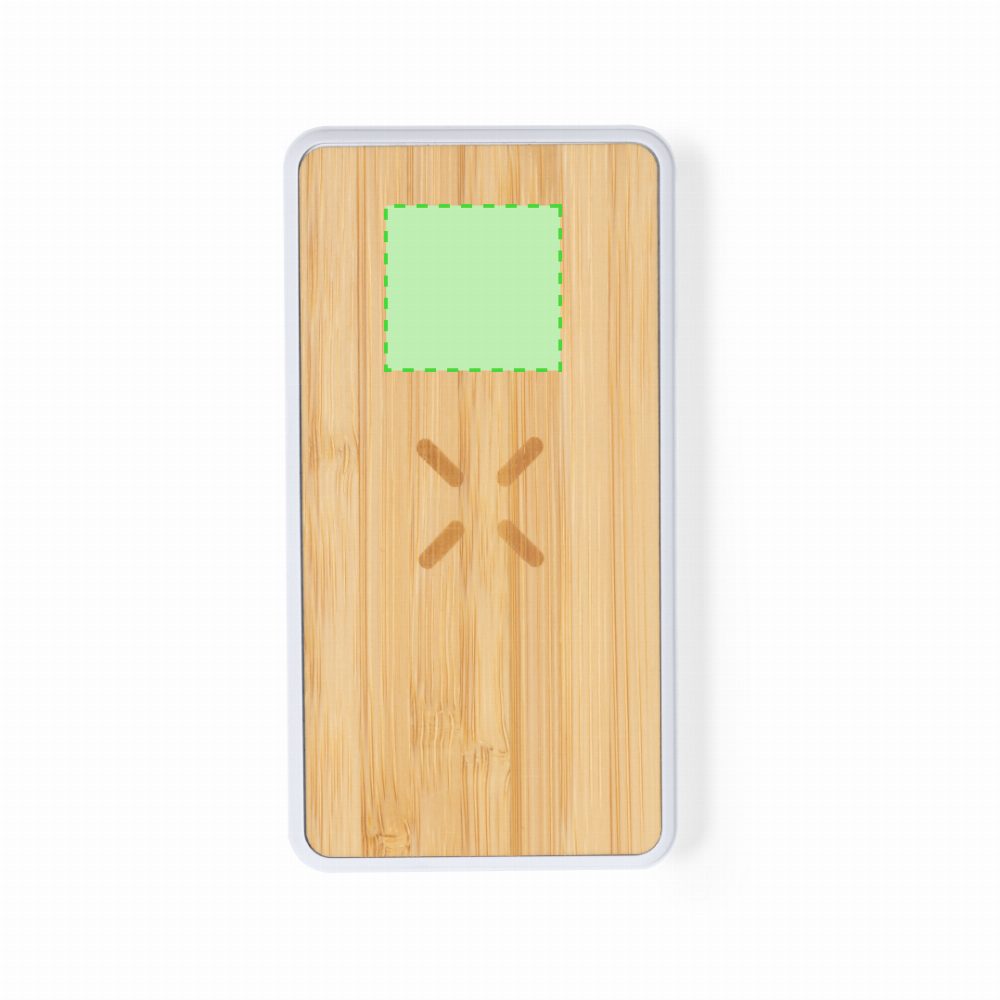 Branding diagram for Powerbank made of bamboo, 8,000 mAh Dickens – At the top on the front
