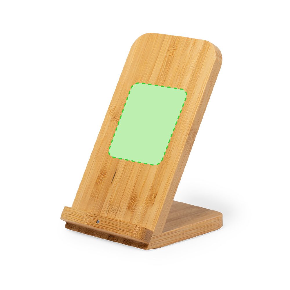 Branding diagram for Mobile phone stand with bamboo wireless charging station Dimper – Front, central