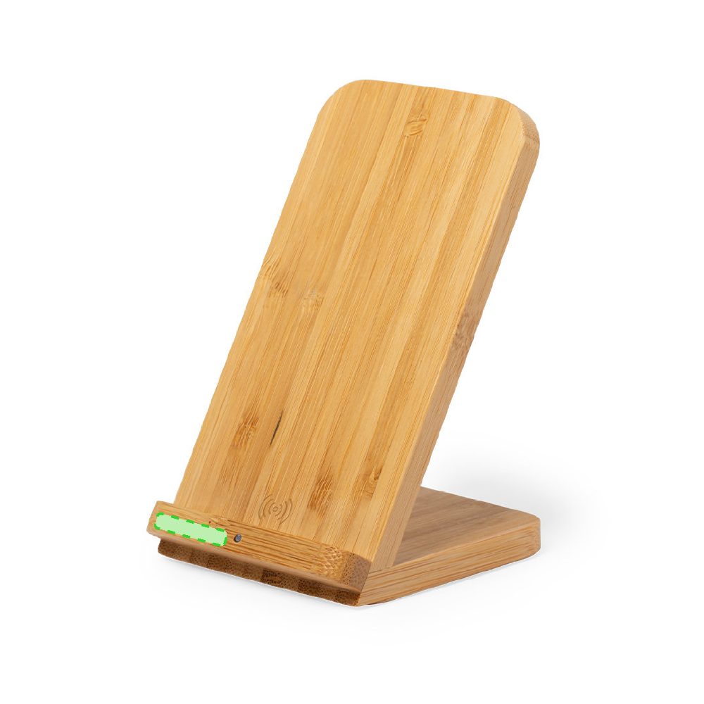 Branding diagram for Mobile phone stand with bamboo wireless charging station Dimper – Left side