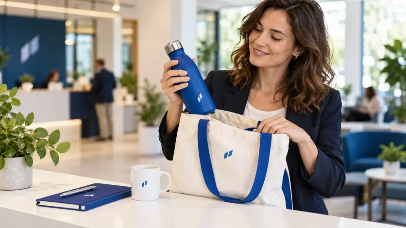 Eine Empfängerin freut sich über eine blaue Trinkflasche aus einer Geschenktasche; daneben liegen weitere praktische Werbegeschenke.