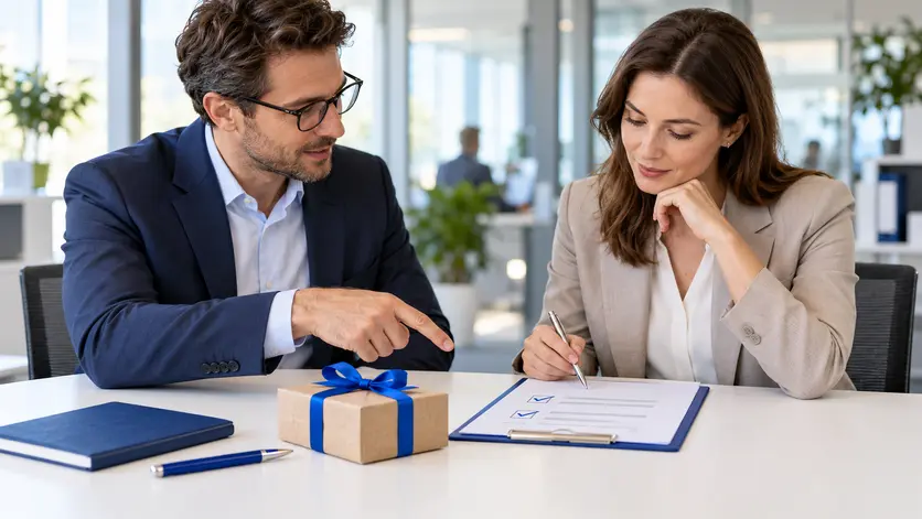 Zwei Kollegen prüfen eine Checkliste zur Annahme von Werbegeschenken; auf dem Tisch steht eine Geschenkbox mit blauer Schleife.