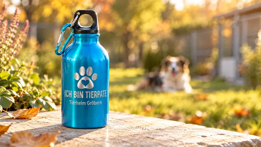 Blaue Trinkflasche mit Pfotenmotiv und Lasergravur „Ich bin Tierpate“ für den Tierpatentag im Tierheim Gröbern